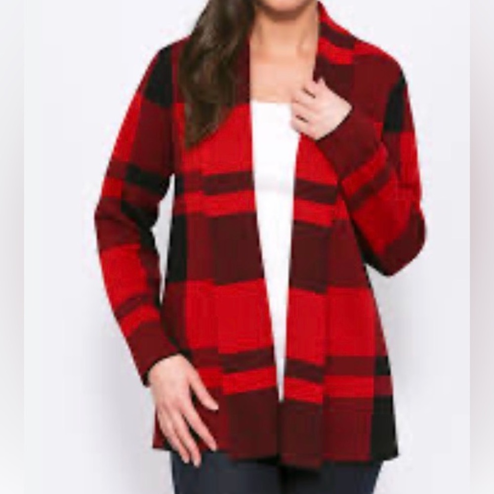 Leo & Nicole Plaid Open Cardigan Sweater L Red/Black Buffalo Check Career